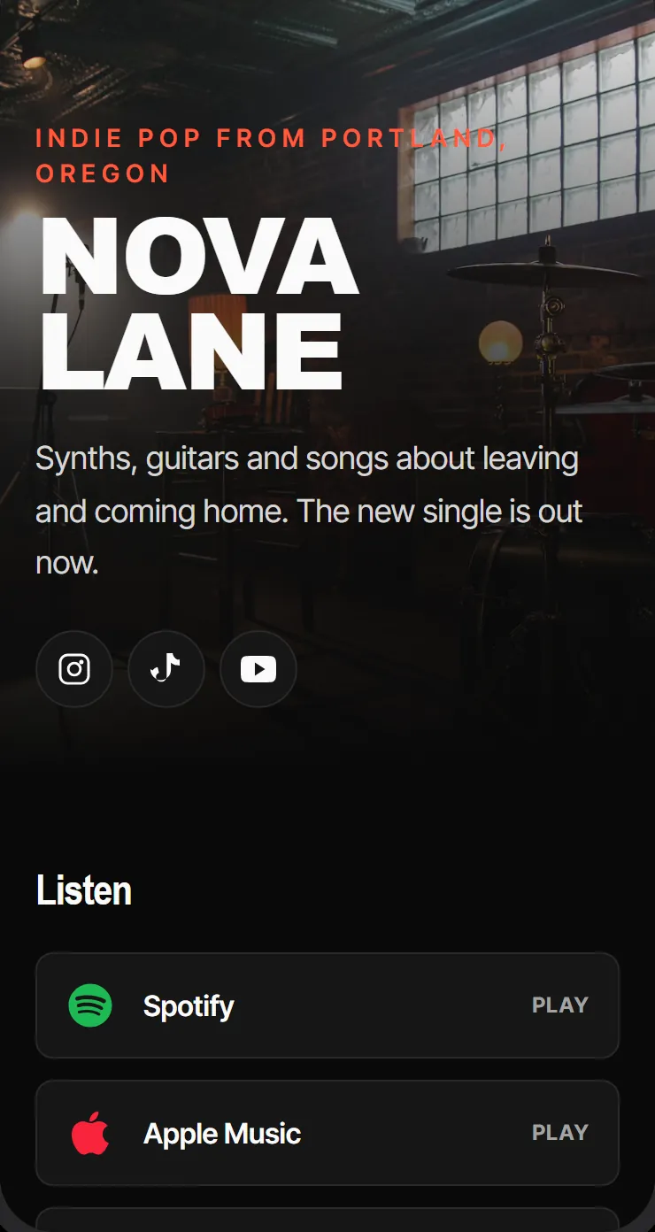 A musician’s page with social links and Spotify and Apple Music buttons