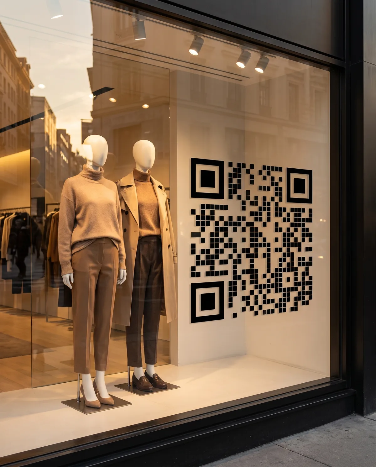A boutique window display with a QR code decal beside two mannequins