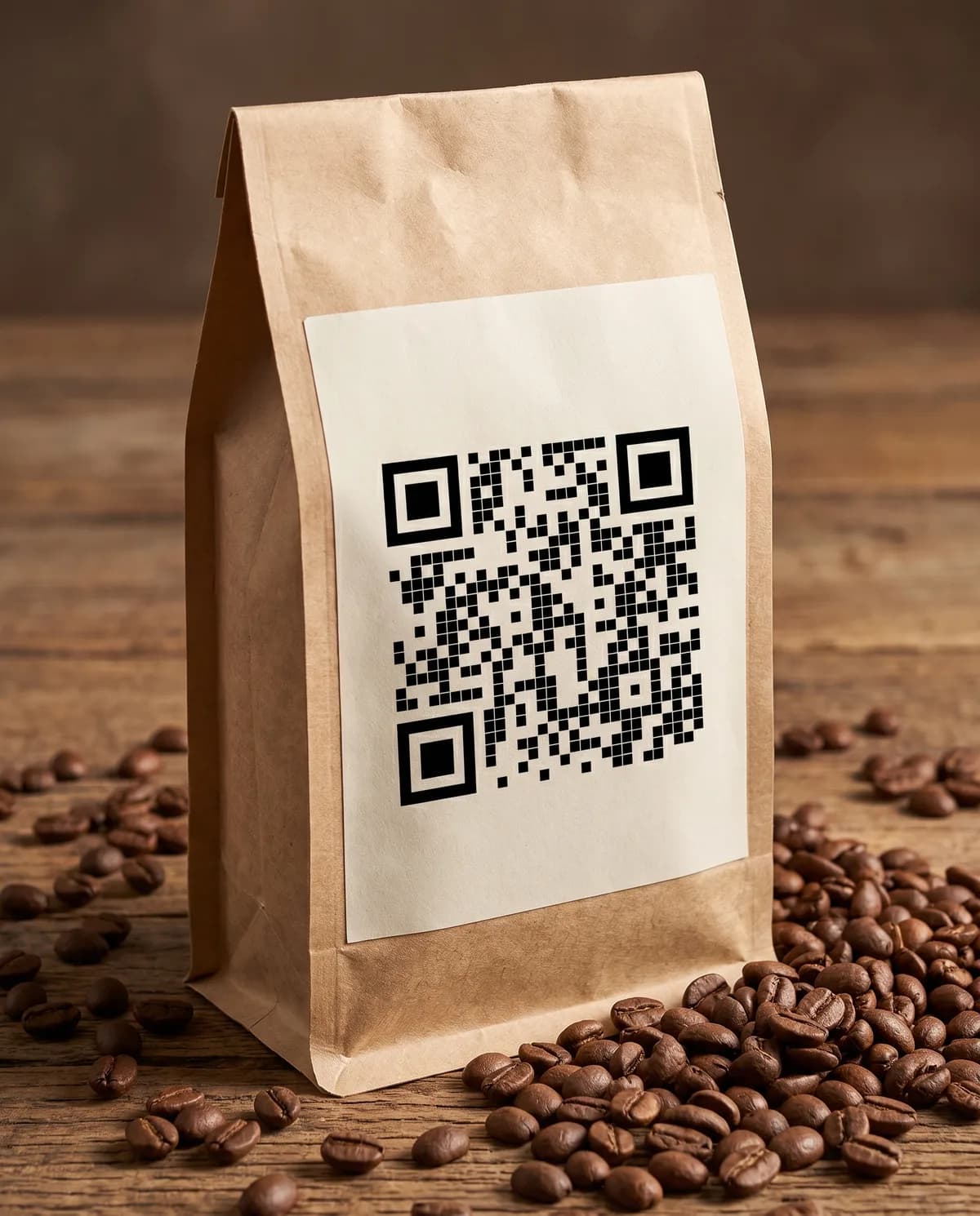 A craft coffee bag with a QR code on its label, surrounded by coffee beans